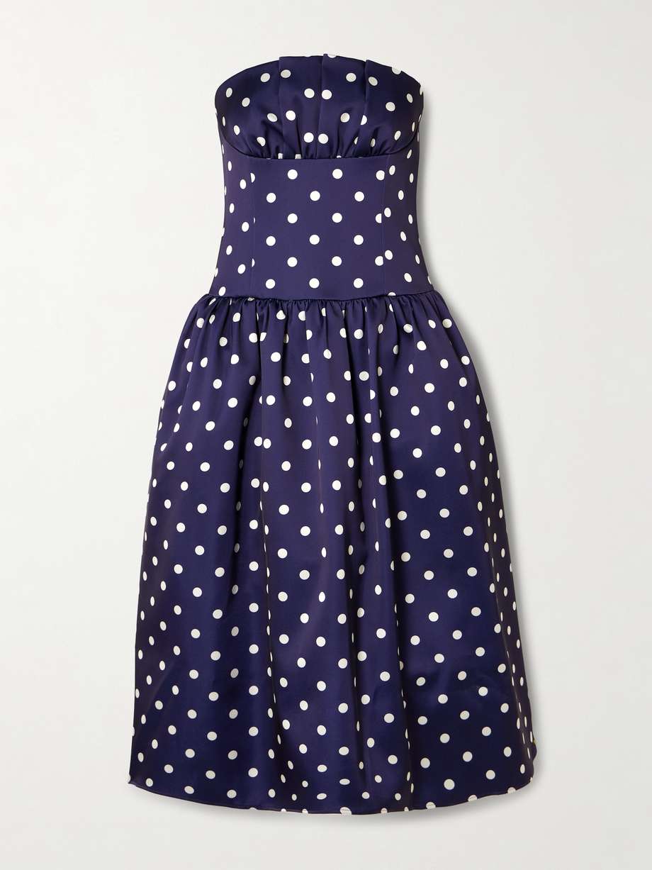 strapless pleated polka-dot satin midi dress