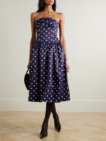 self-portrait Strapless pleated polka-dot satin midi dress