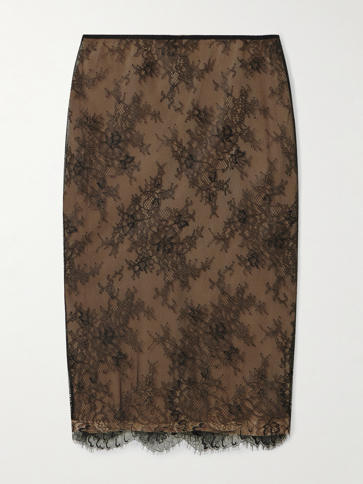 Self-portrait Lace Overlay Sheer Midi Skirt With Slit In Brown
