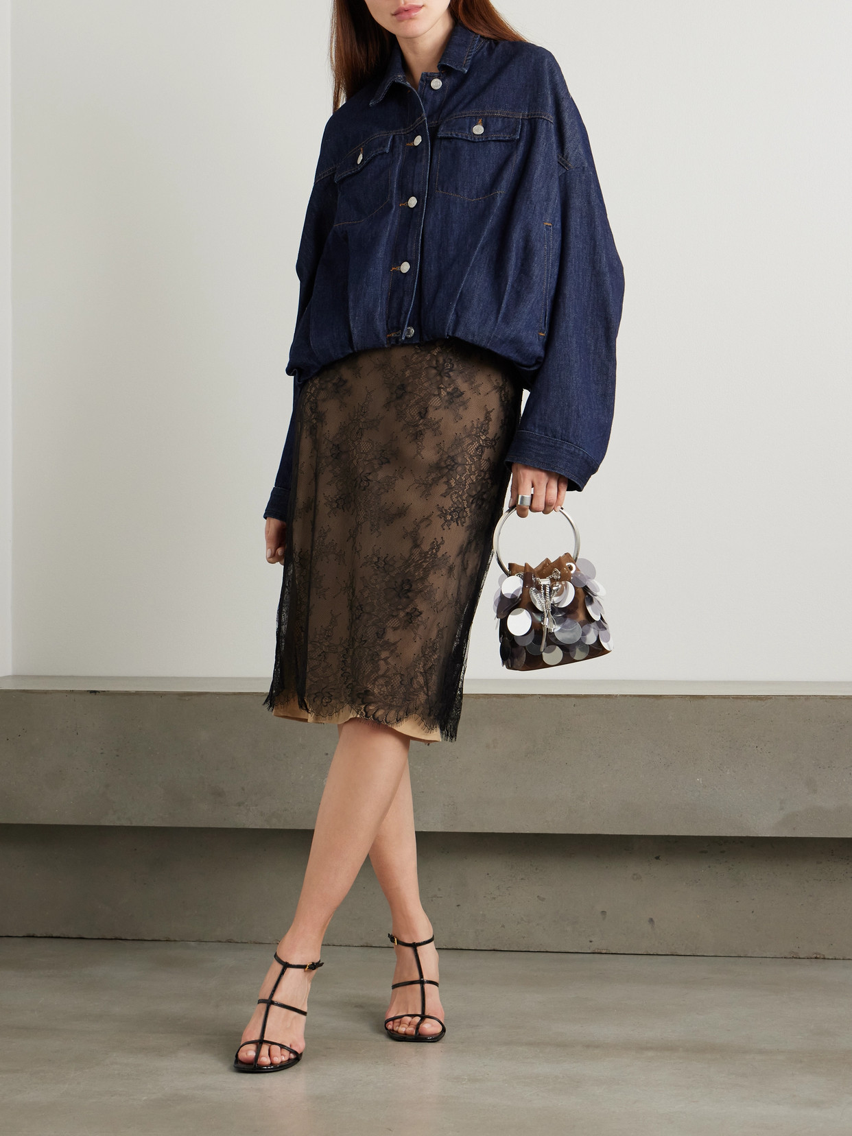 Self-portrait Lace Overlay Sheer Midi Skirt With Slit In Brown
