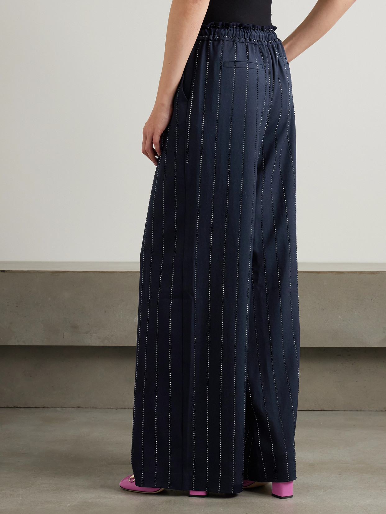 Self-portrait Crystal-embellished Pinstriped Wide-leg Crepe Pants In Blue