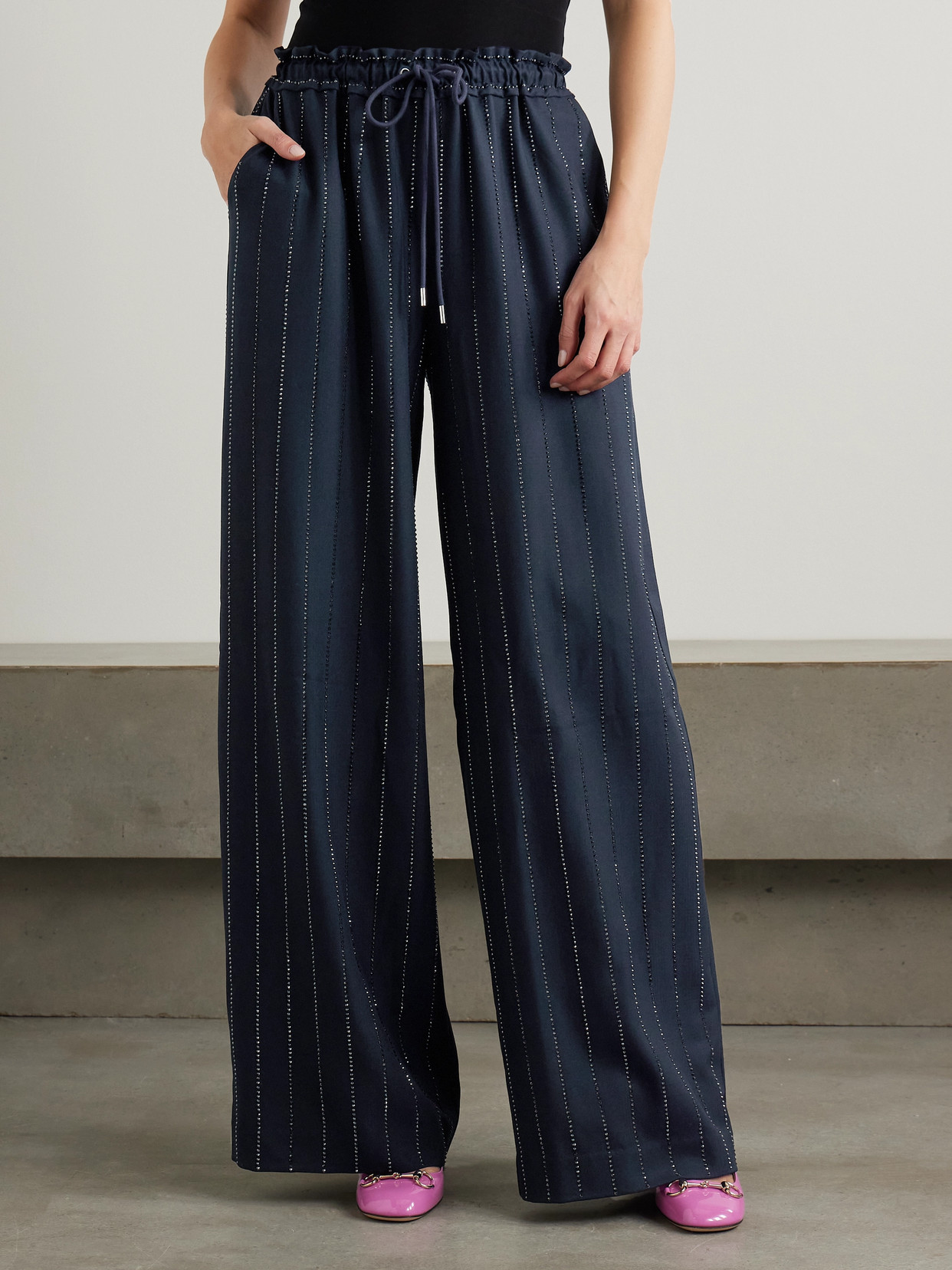 Self-portrait Crystal-embellished Pinstriped Wide-leg Crepe Pants In Blue