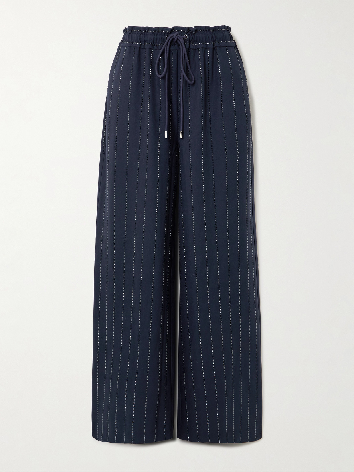Self-portrait Crystal-embellished Pinstriped Wide-leg Crepe Pants In Blue