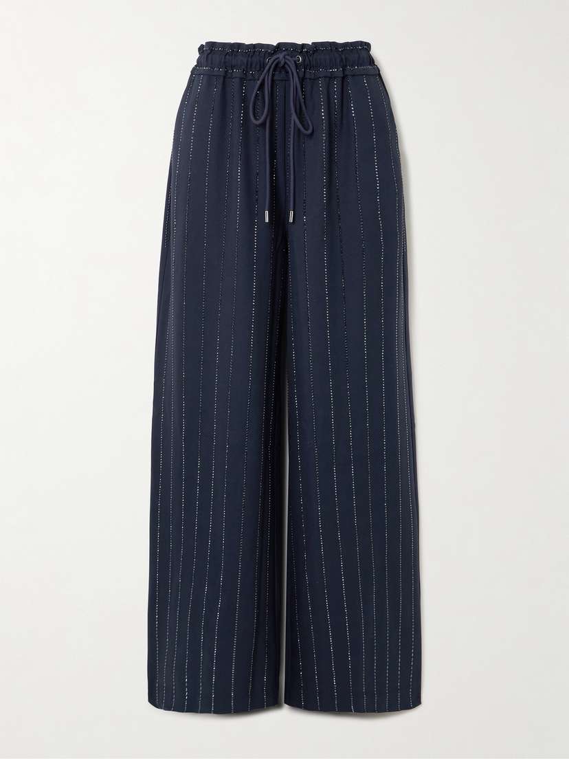 Self-Portrait Crystal-embellished Pinstriped Wide-leg Crepe Pants