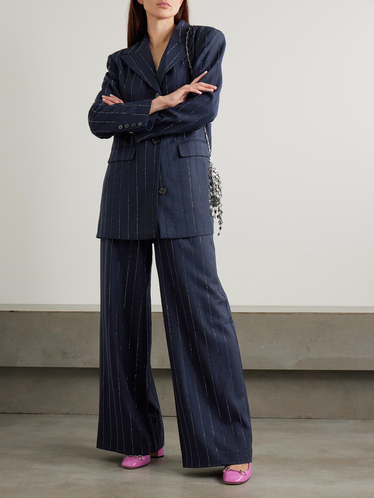Self-portrait Crystal-embellished Pinstriped Wide-leg Crepe Pants In Blue