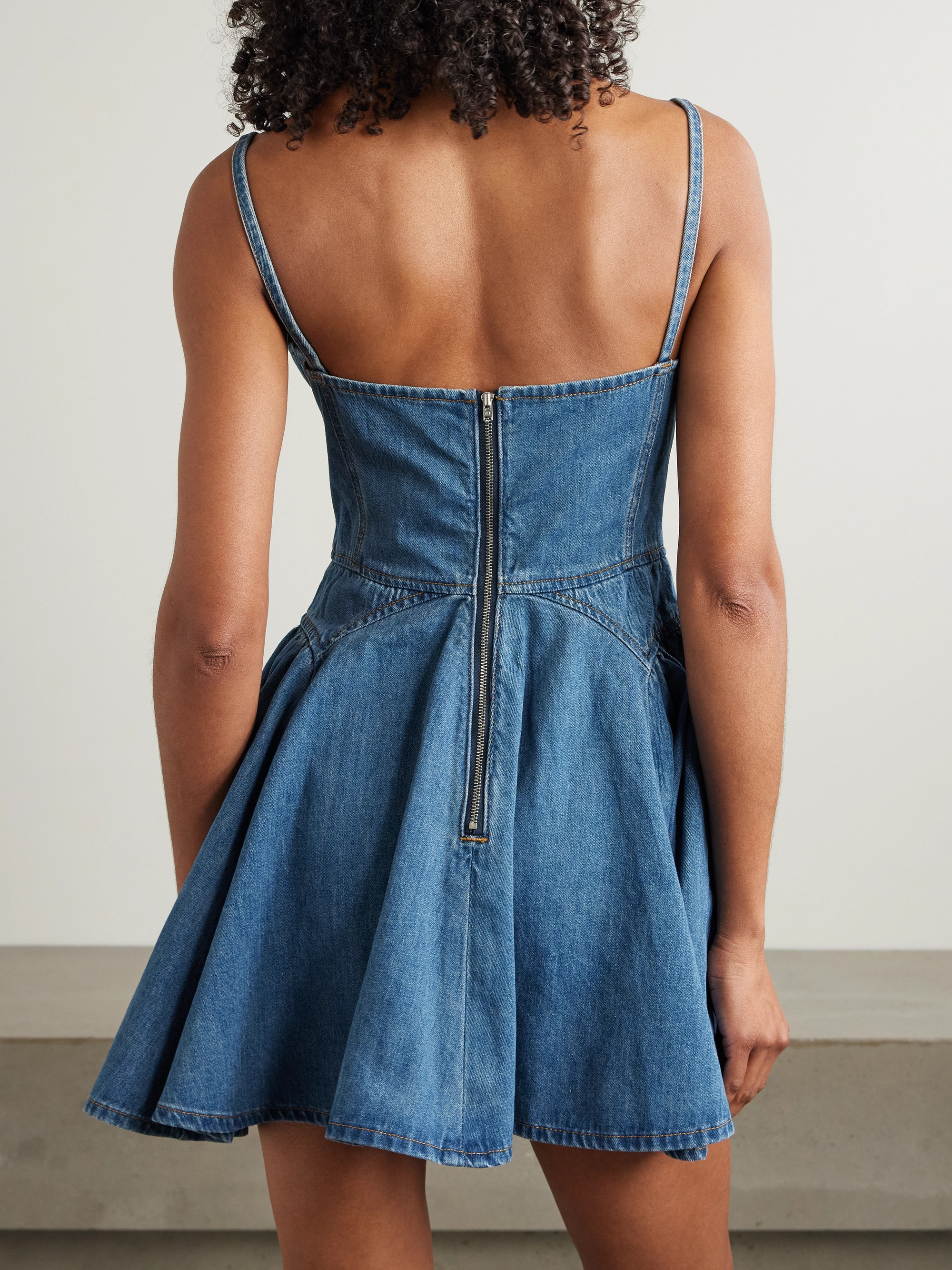 self-portrait Embellished paneled denim mini dress thumbnail