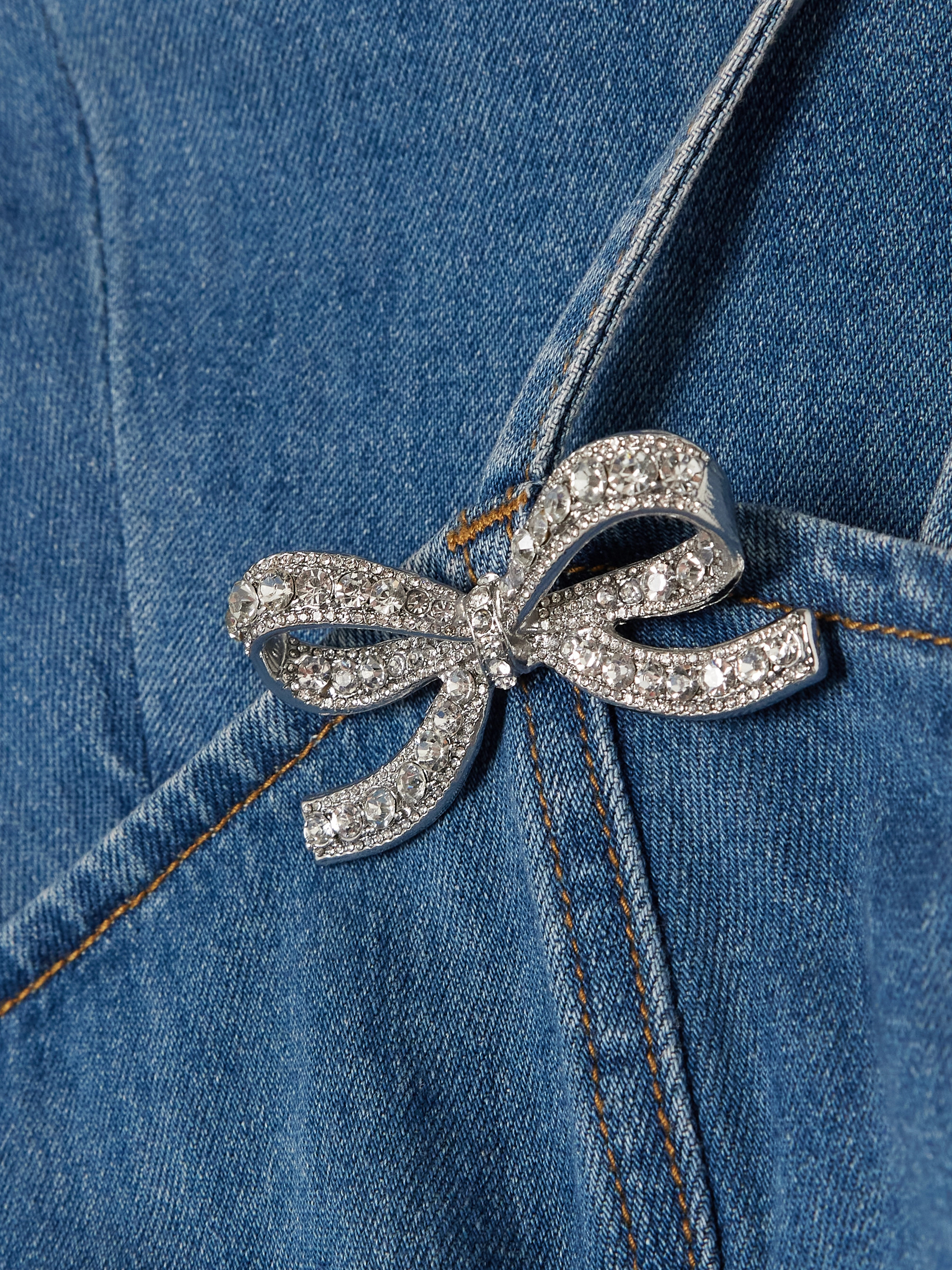 self-portrait Embellished paneled denim mini dress thumbnail
