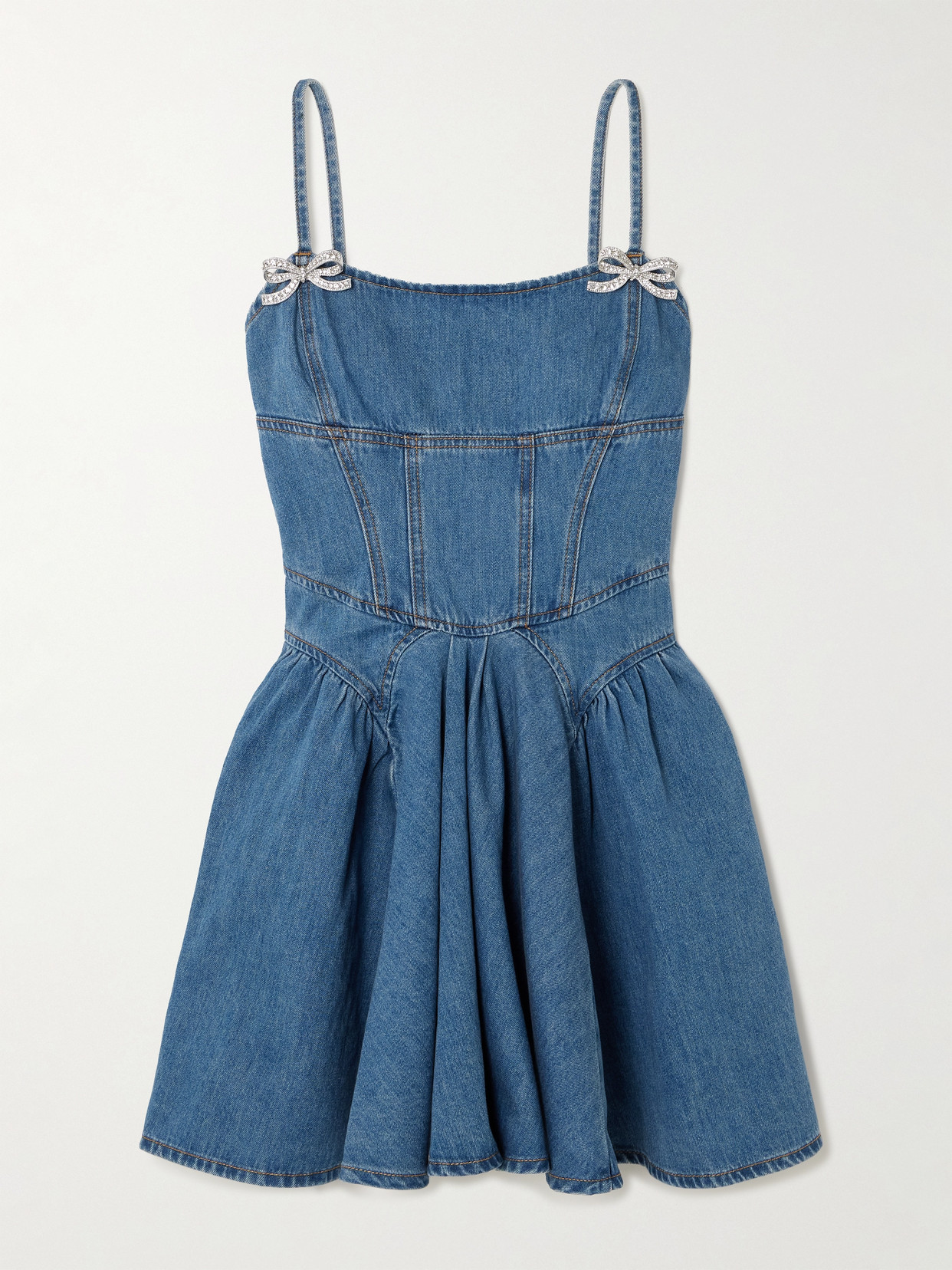 Shop Self-portrait Embellished Paneled Denim Mini Dress In Blue