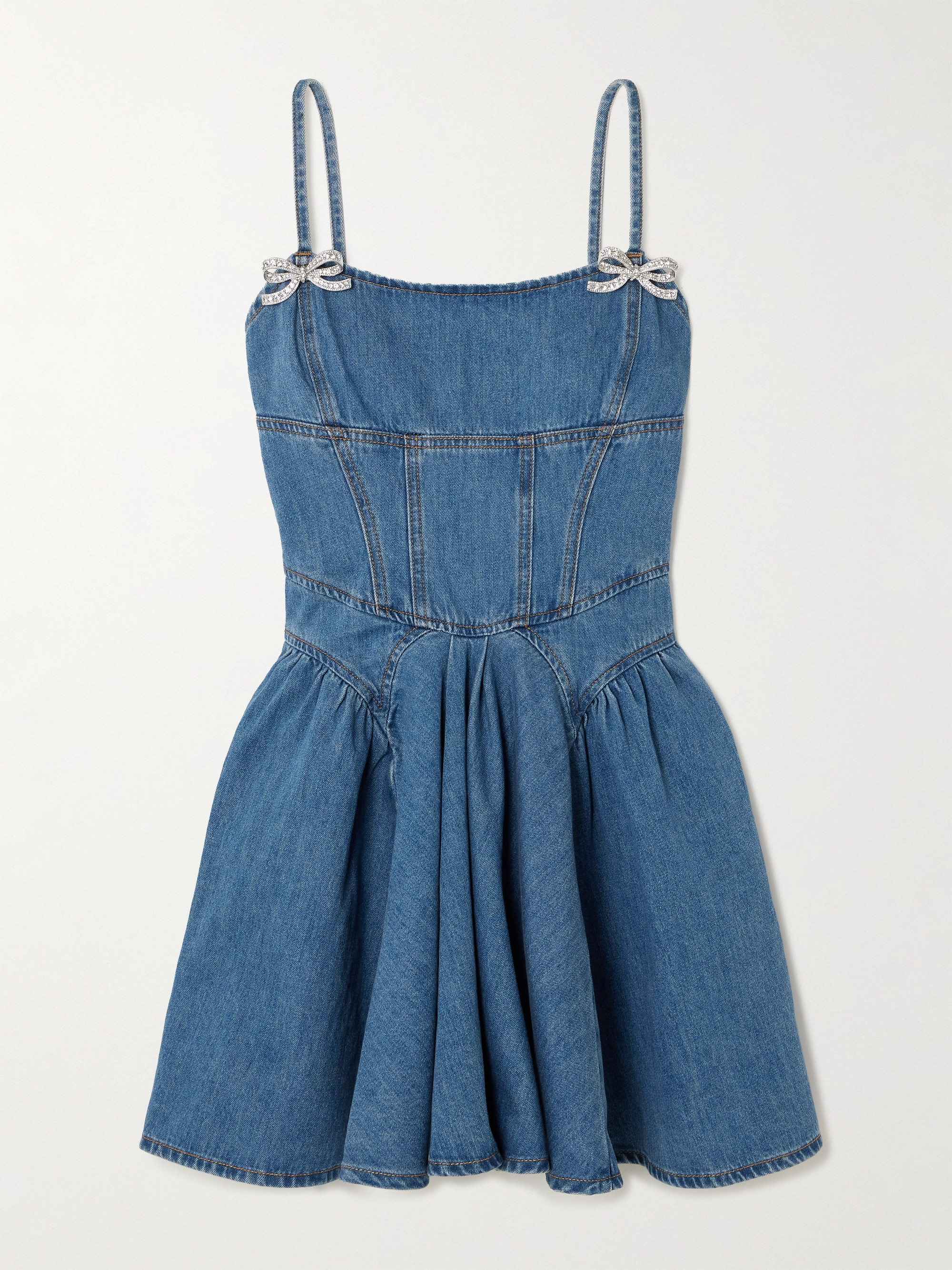 self-portrait Embellished paneled denim mini dress thumbnail