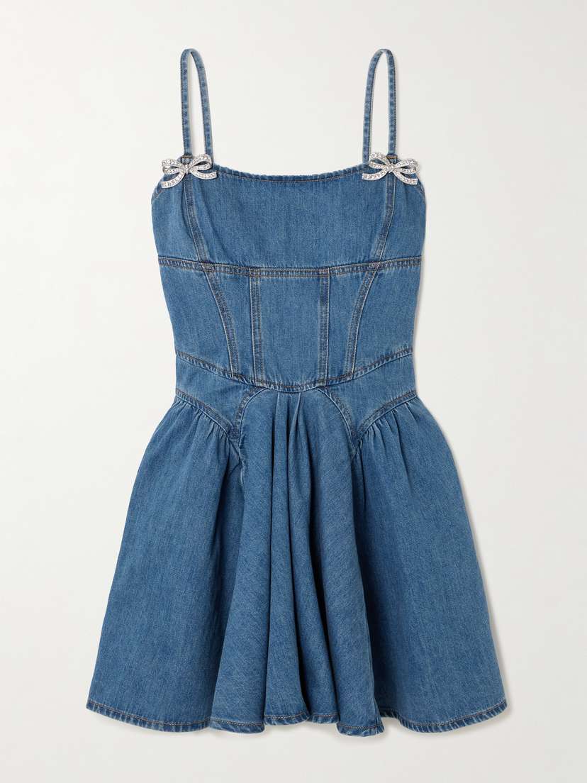 Self-Portrait Embellished Paneled Denim Mini Dress