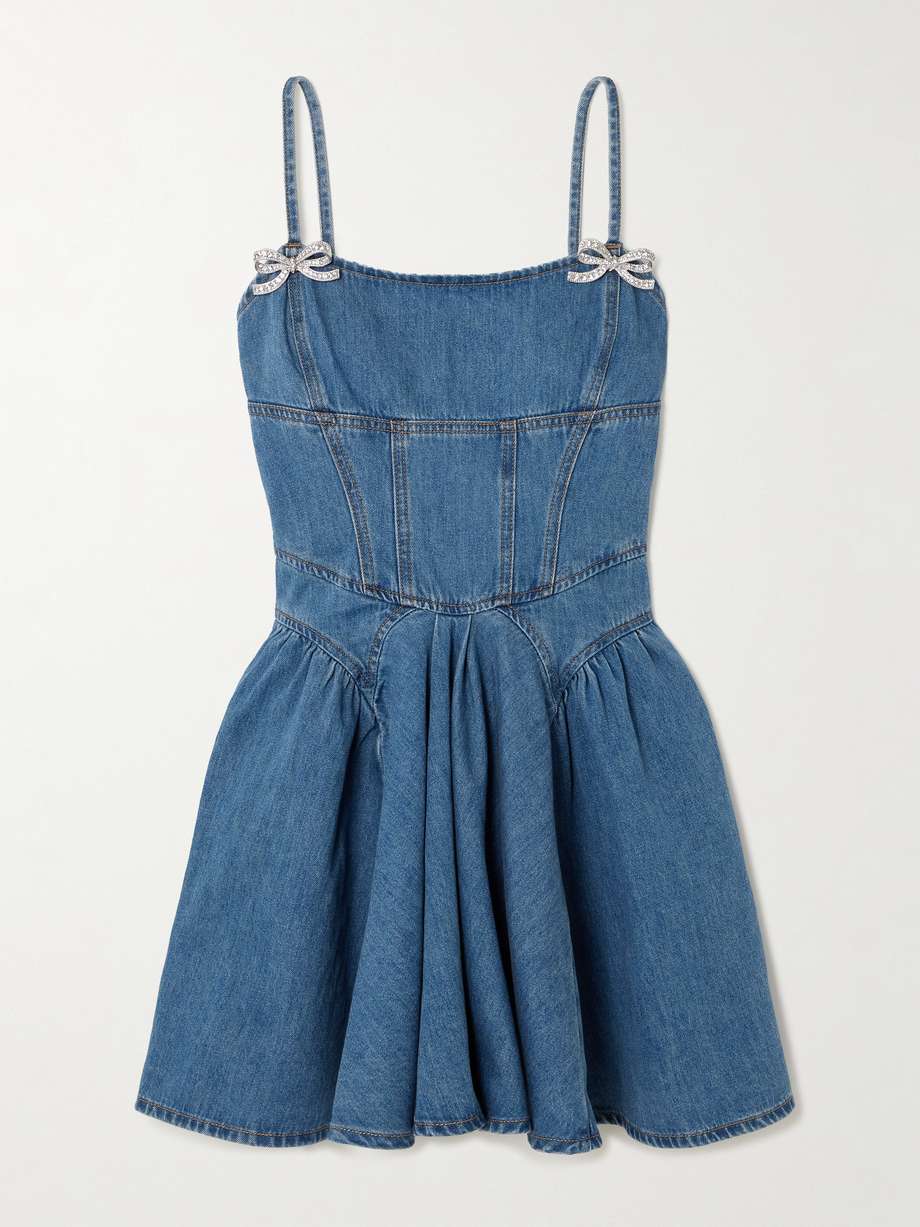 embellished paneled denim mini dress