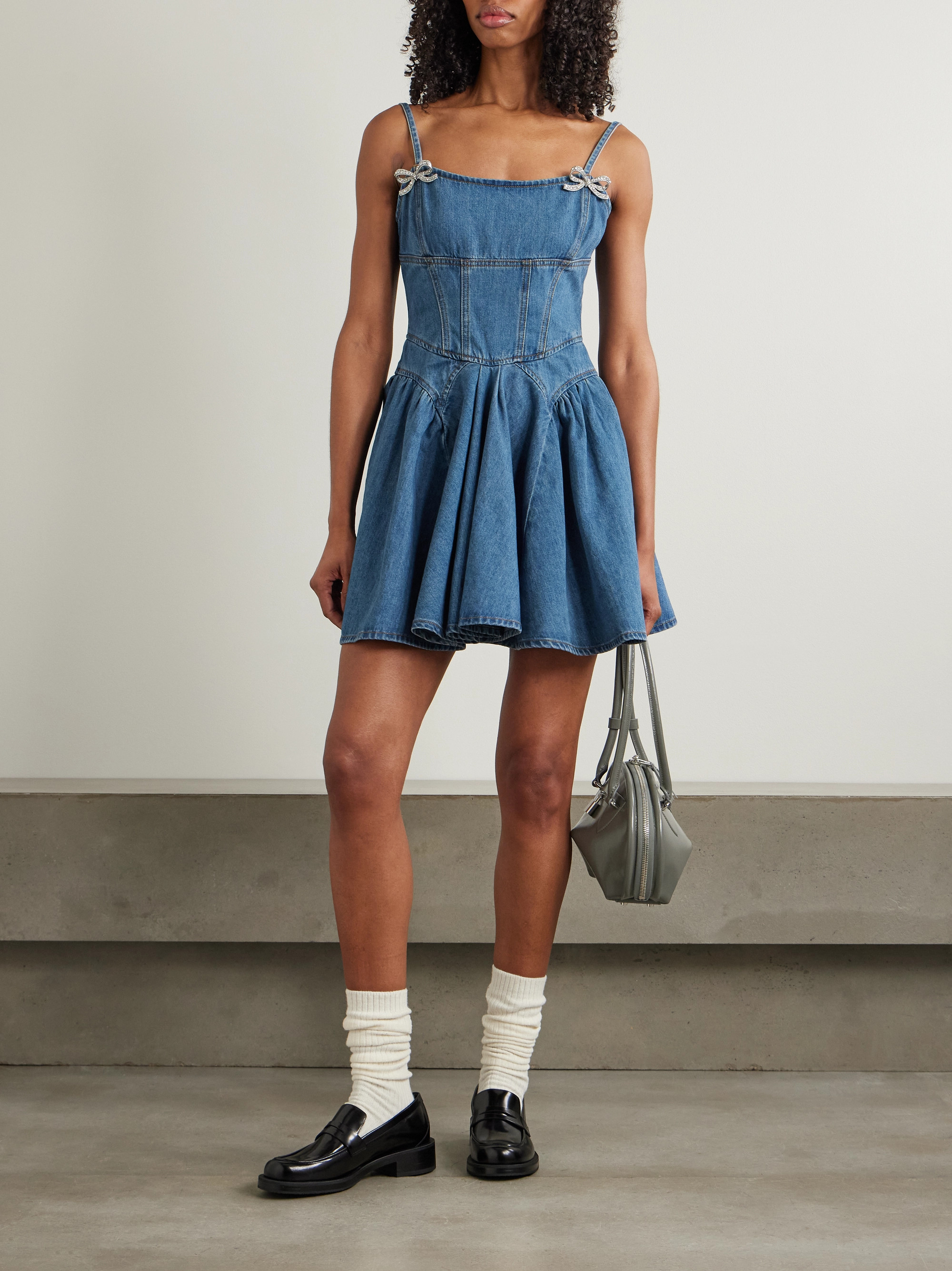 self-portrait Embellished paneled denim mini dress