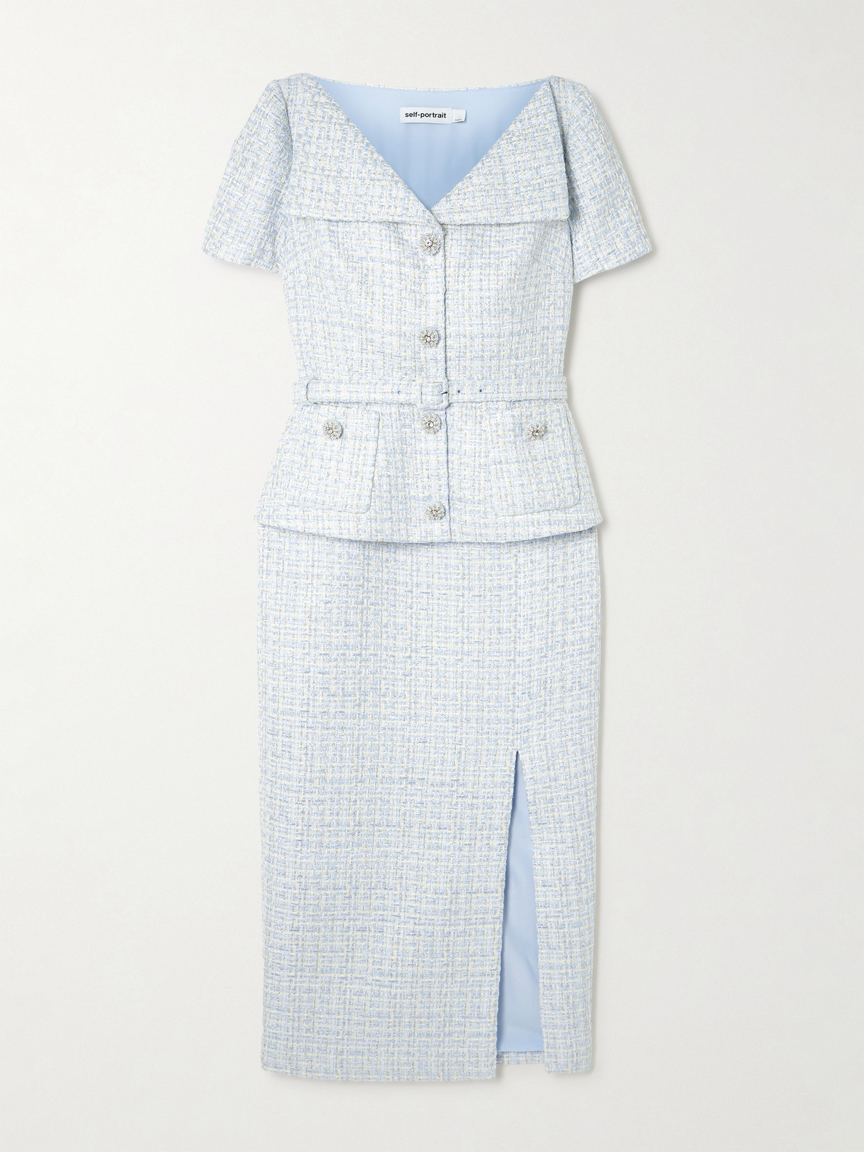 SELF-PORTRAIT BELTED EMBELLISHED BOUCLÉ MIDI DRESS