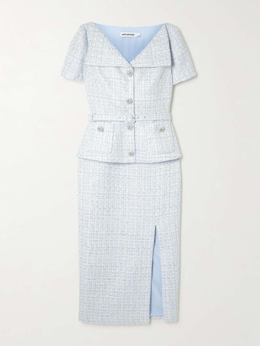 Self-Portrait Belted Embellished Bouclé Midi Dress