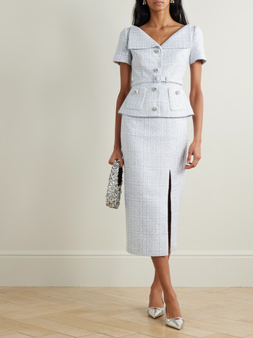 self-portrait Belted embellished bouclé midi dress