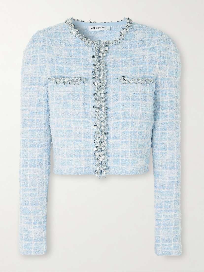 Self-Portrait Embellished Checked Bouclé-tweed Cardigan