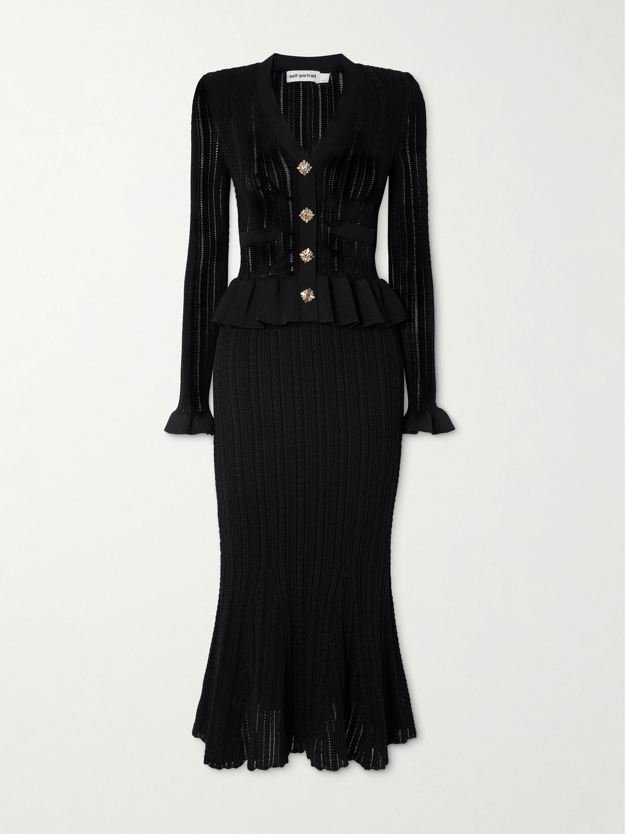 SELF-PORTRAIT CRYSTAL-EMBELLISHED POINTELLE-KNIT PEPLUM MIDI DRESS