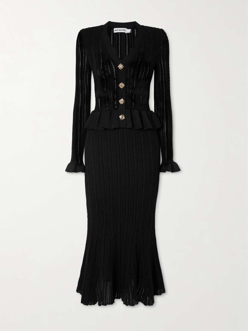 Self-Portrait Crystal-embellished Pointelle-knit Peplum Midi Dress