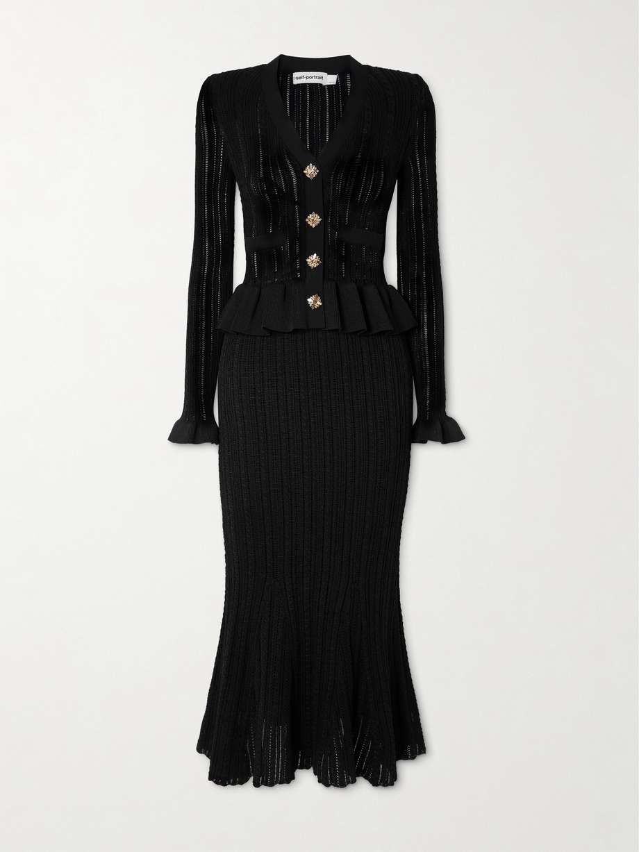 crystal-embellished pointelle-knit peplum midi dress