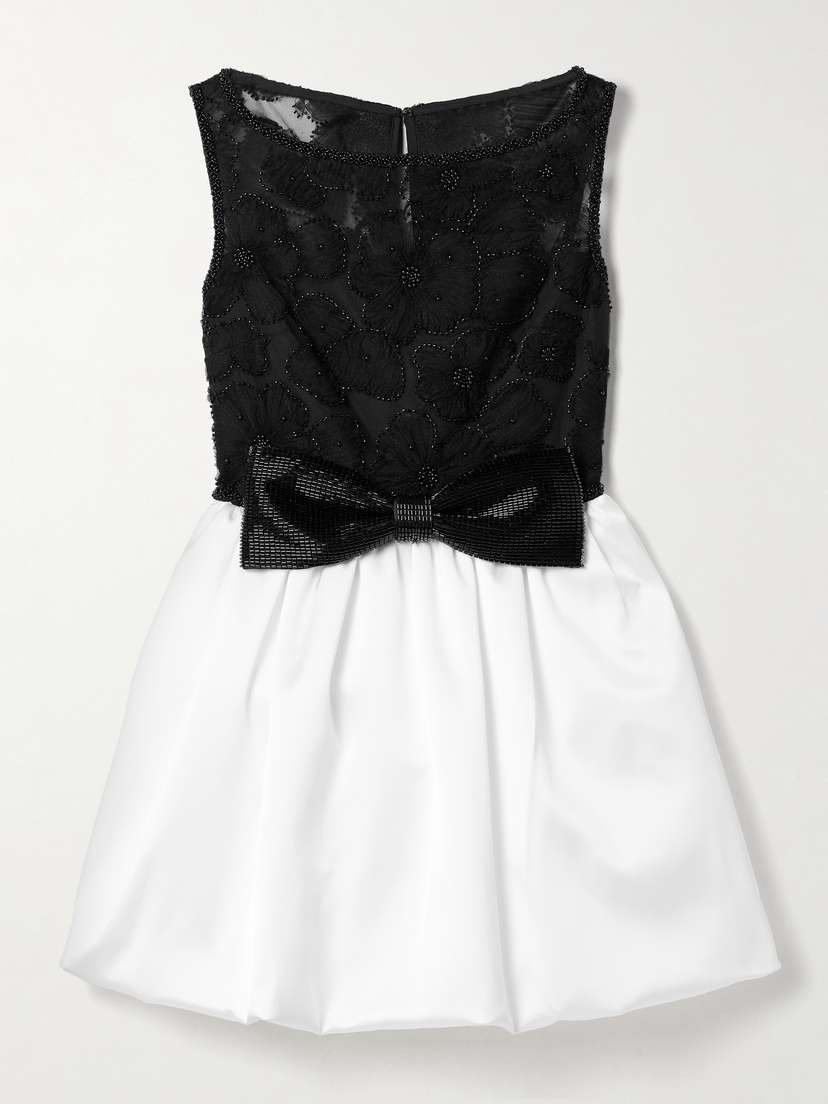 Self-Portrait Gathered Satin And Embellished Tulle Mini Dress