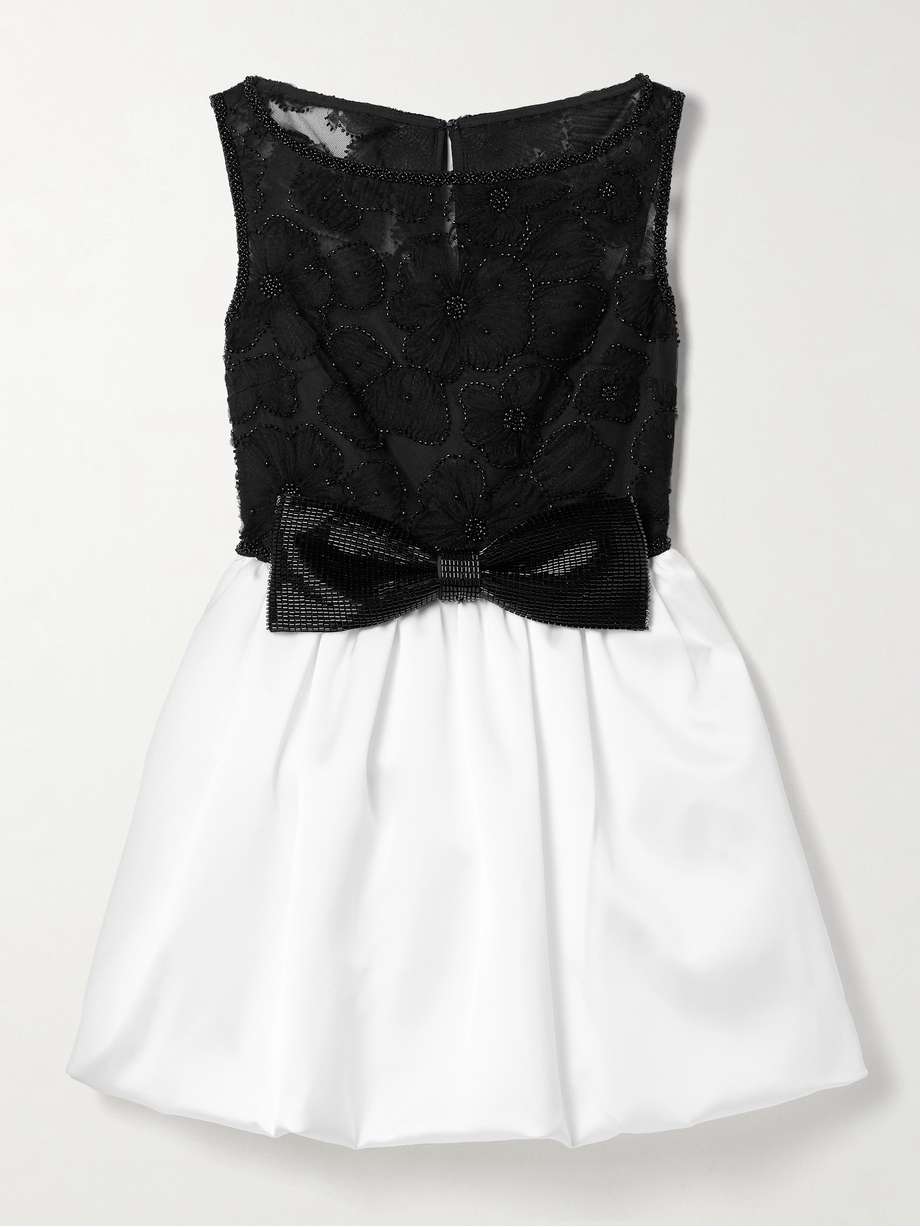gathered satin and embellished tulle mini dress