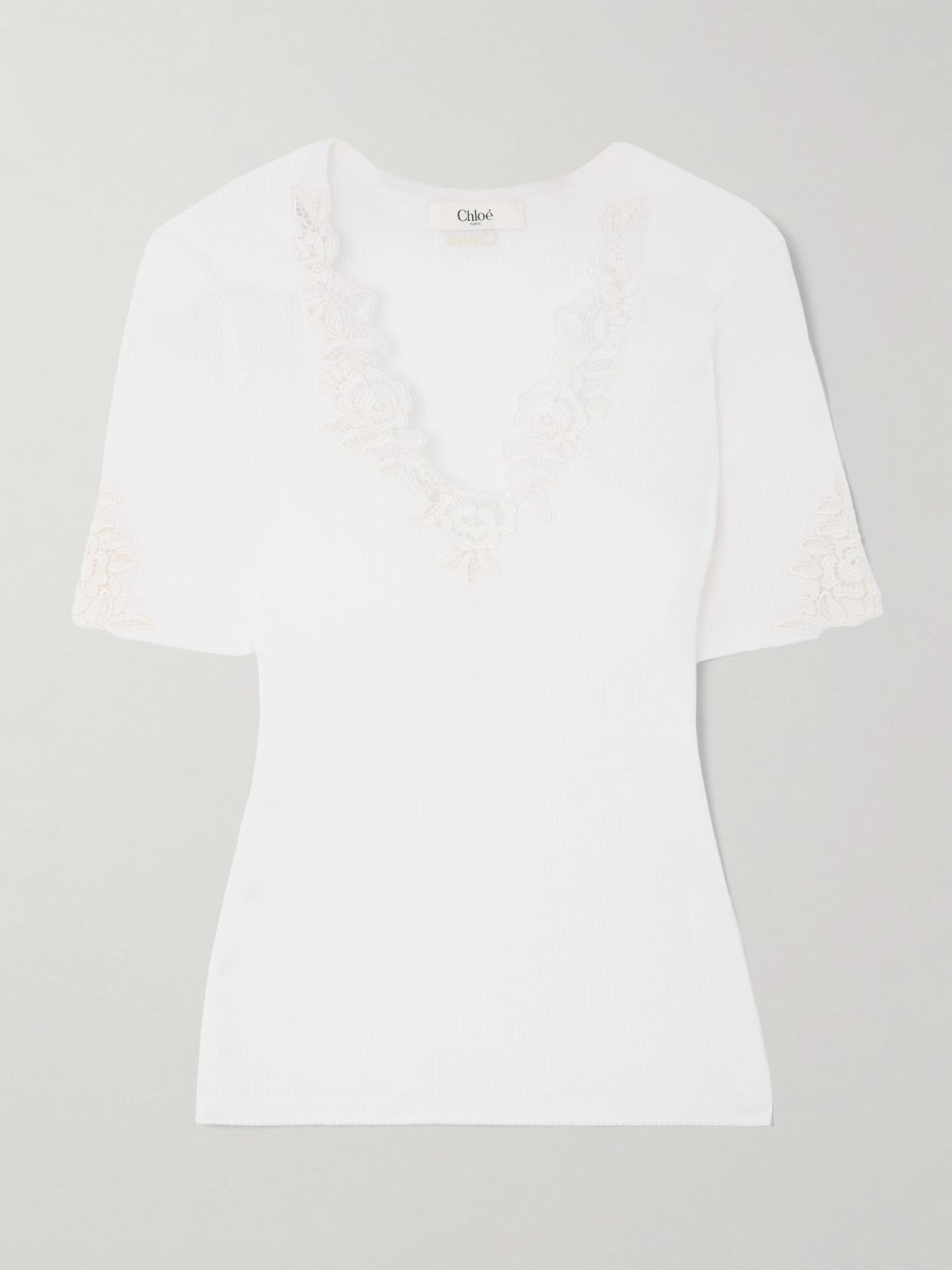 CHLOÉ LACE-TRIMMED RIBBED WOOL TOP