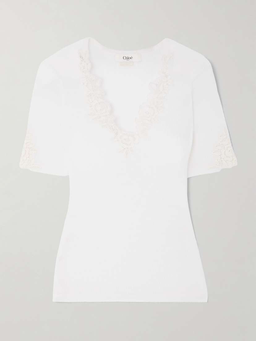 Chloé Lace-trimmed Ribbed Wool Top