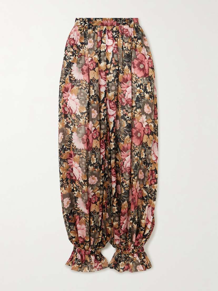 Chloé Pleated Cropped Floral-print Silk-charmeuse Wide-leg Pants
