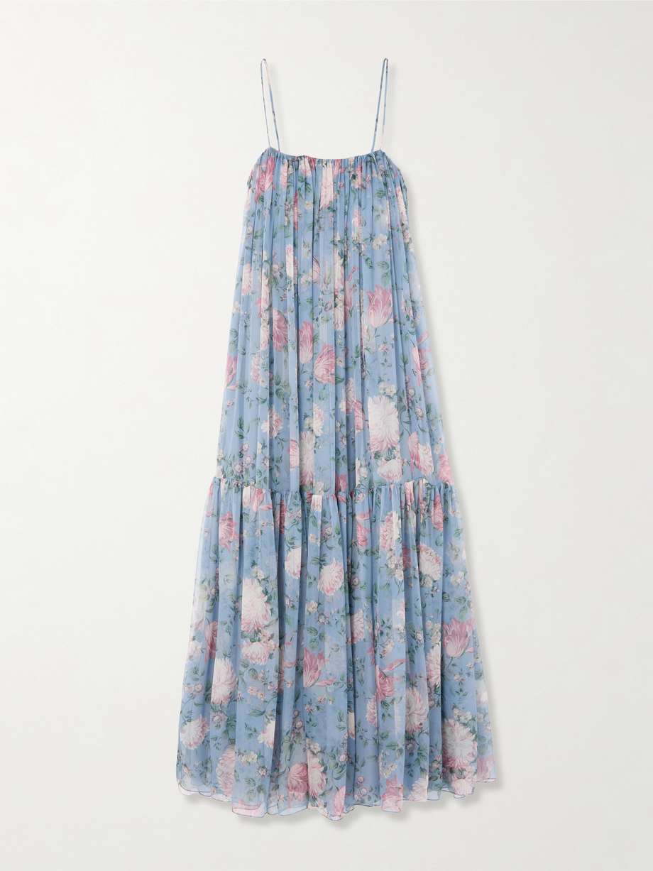 gathered floral-print silk maxi dress