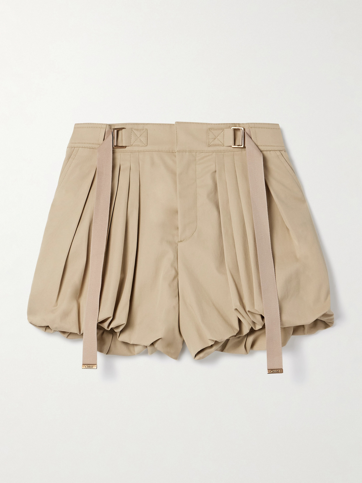 Shop Chloé Embroidered Buckled Pleated Cotton-poplin Shorts In Neutrals