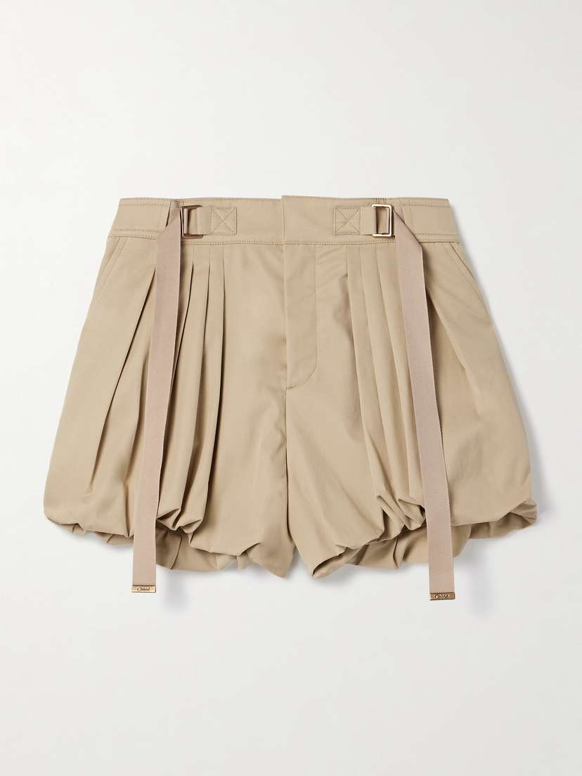 Chloé Embroidered Buckled Pleated Cotton-poplin Shorts