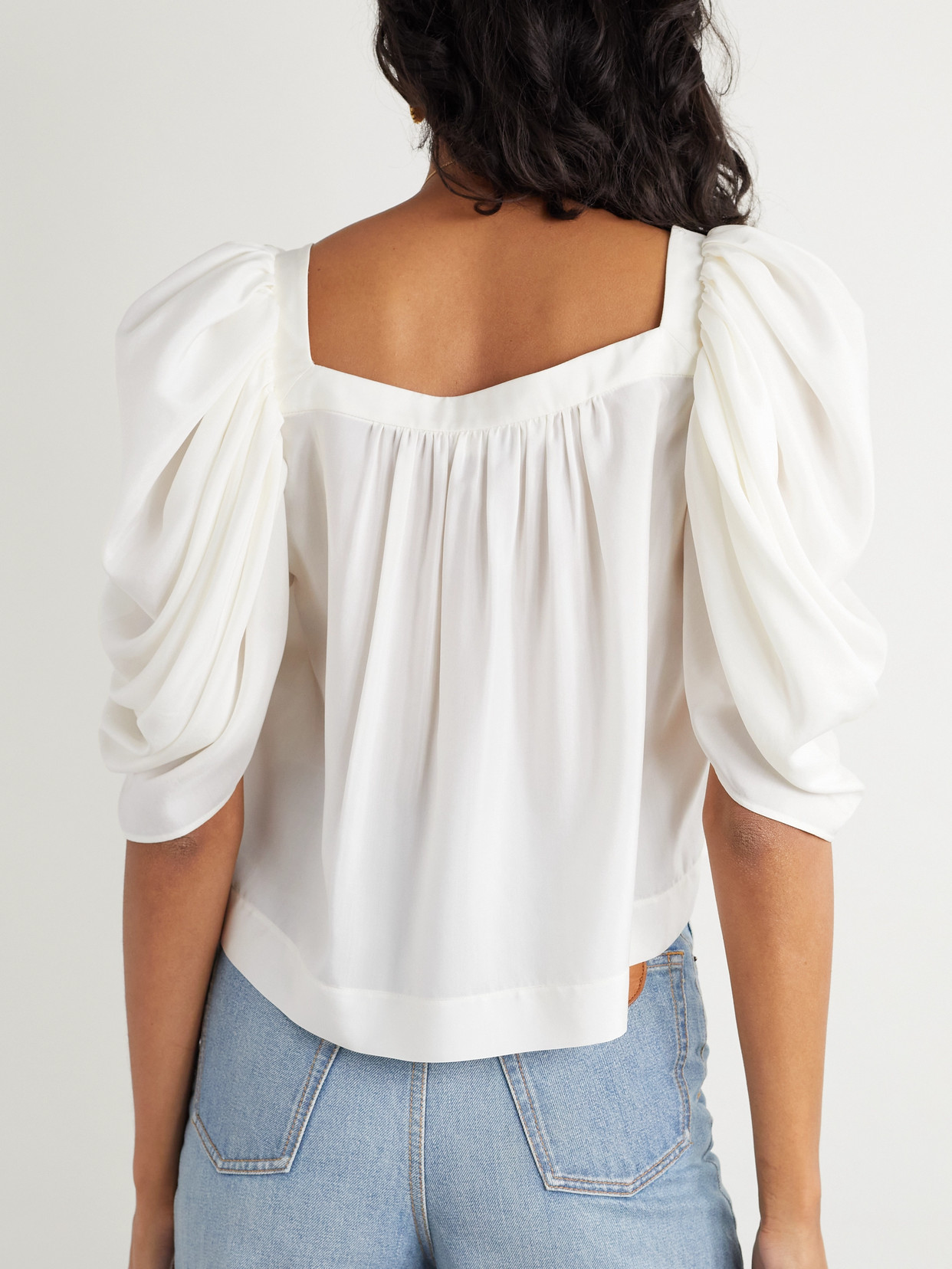 Chloé Cropped Gathered Silk Blouse In White