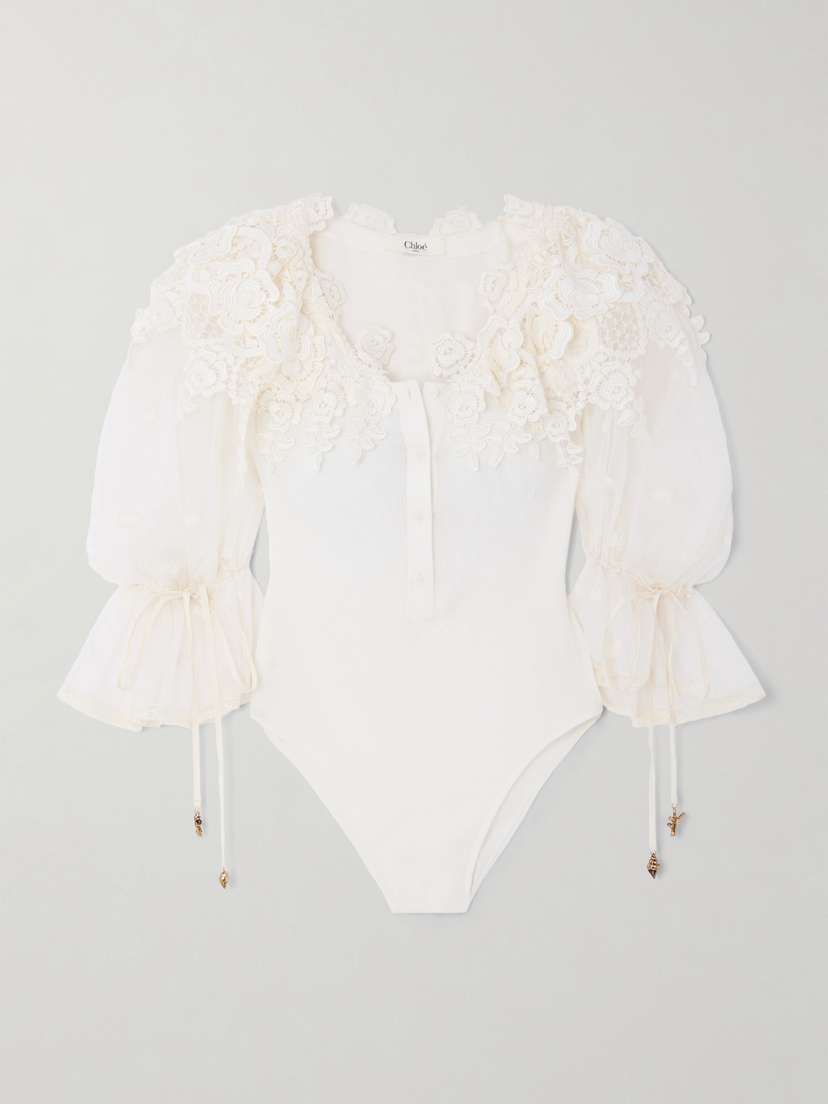 Chloé Embellished Lace-trimmed Cotton Bodysuit