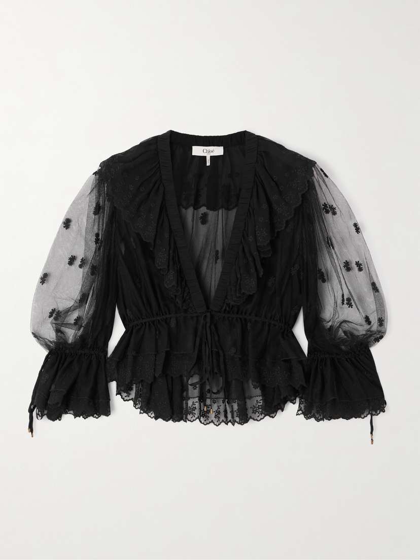 Chloé Cropped Ruffled Embroidered Mesh Blouse