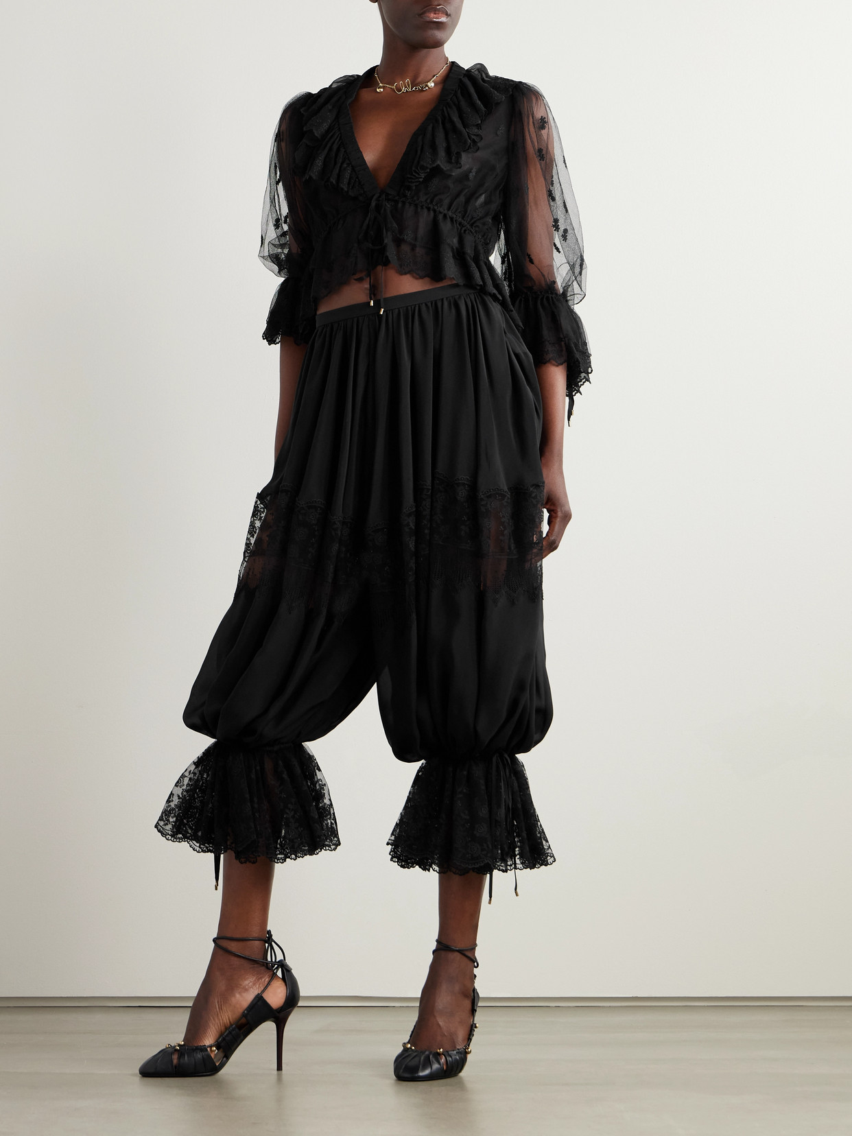 Chloé Cropped Ruffled Embroidered Mesh Blouse