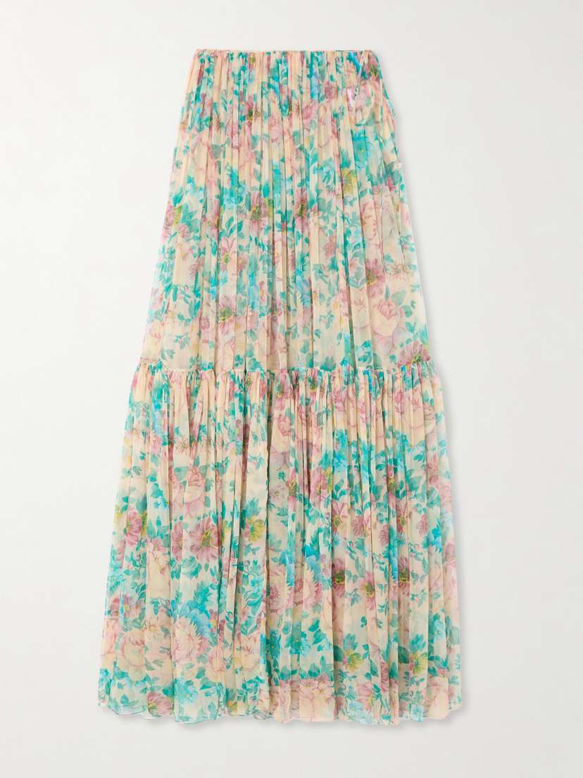 Chloé Pleated Tiered Floral-print Silk-chiffon Maxi Skirt