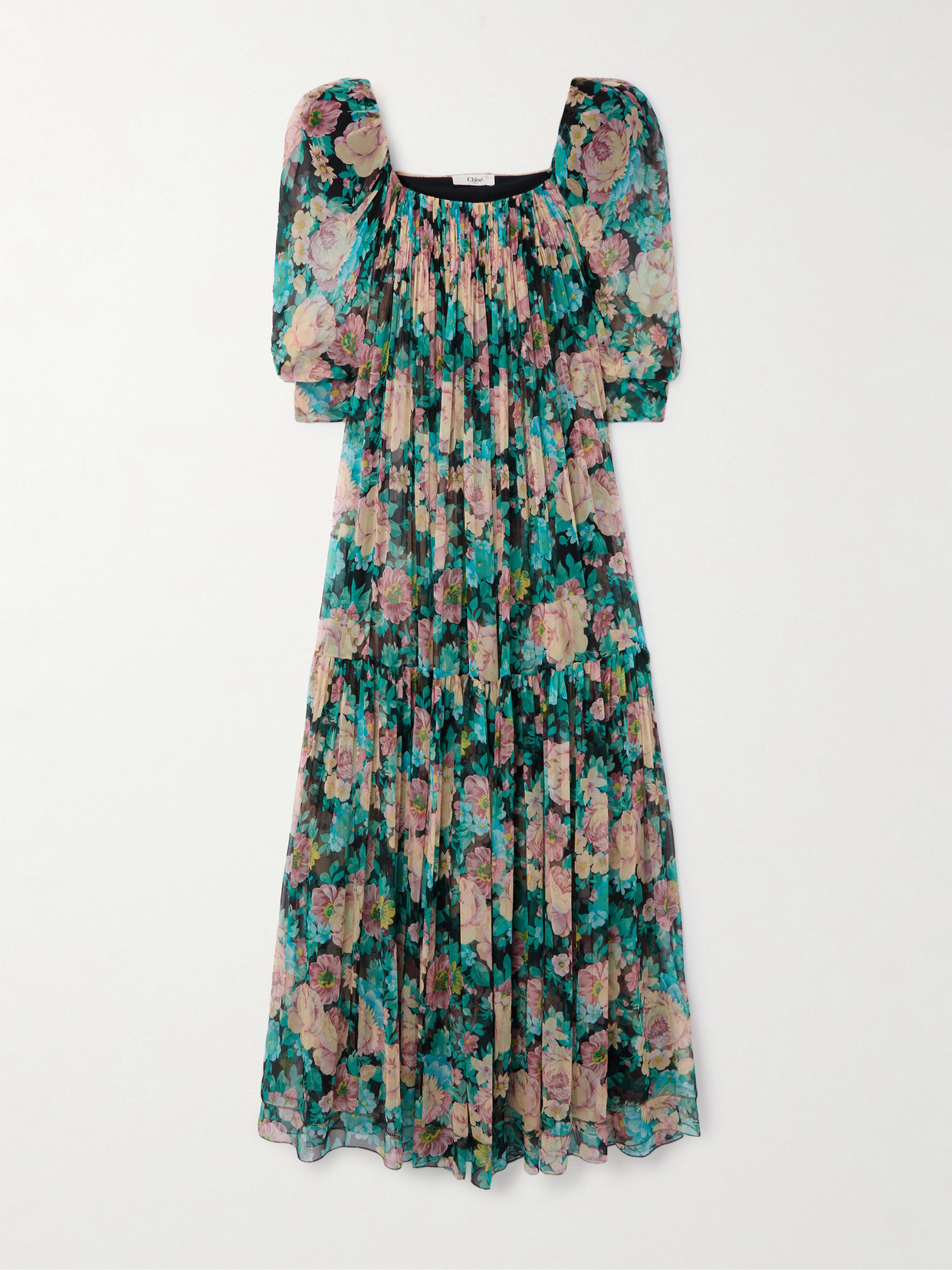 Chloé - Gathered Floral-print Silk-muslin Maxi Dress - Blue