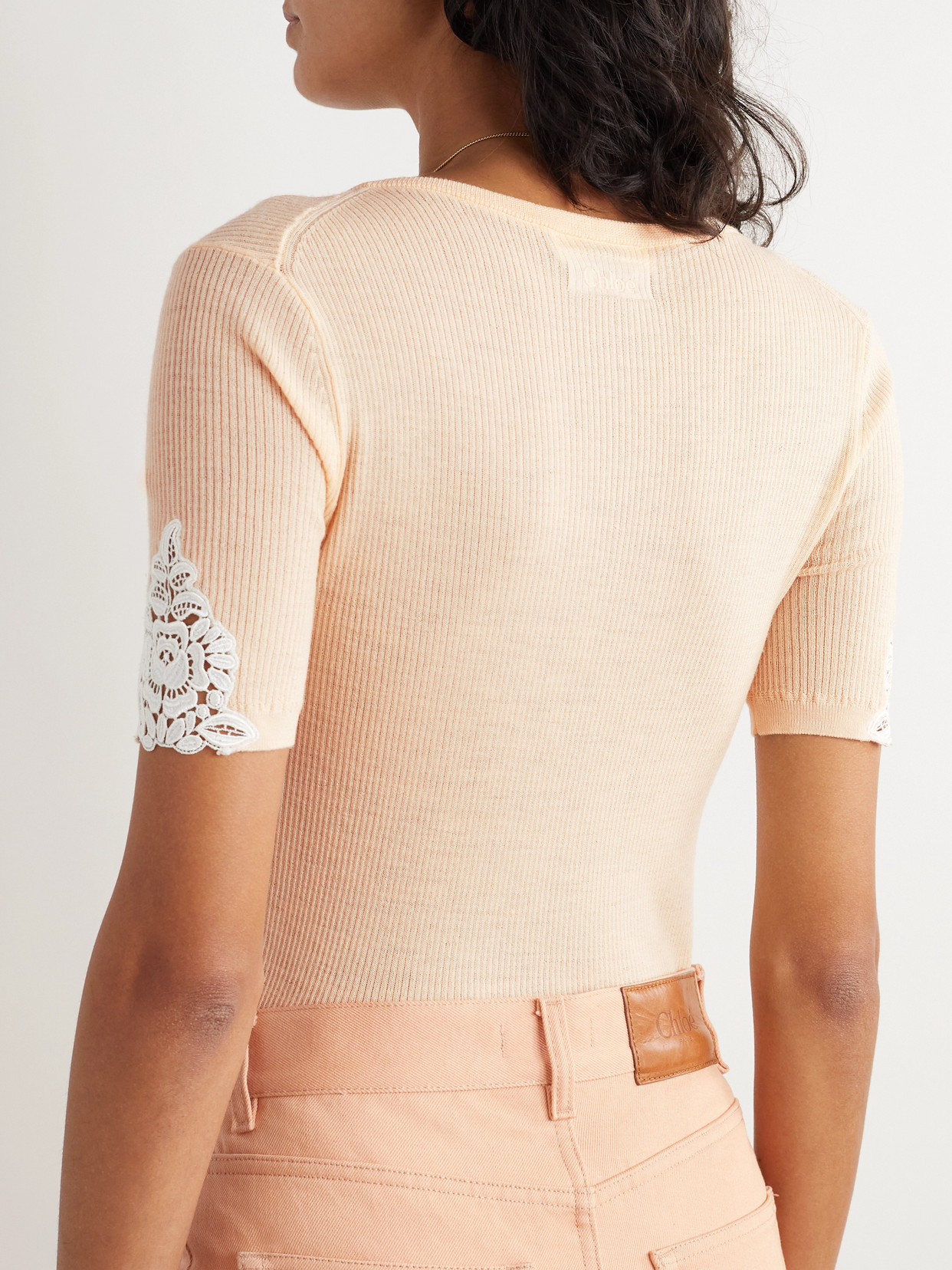 Chloé Lace-trimmed Ribbed Wool Top In Neutrals