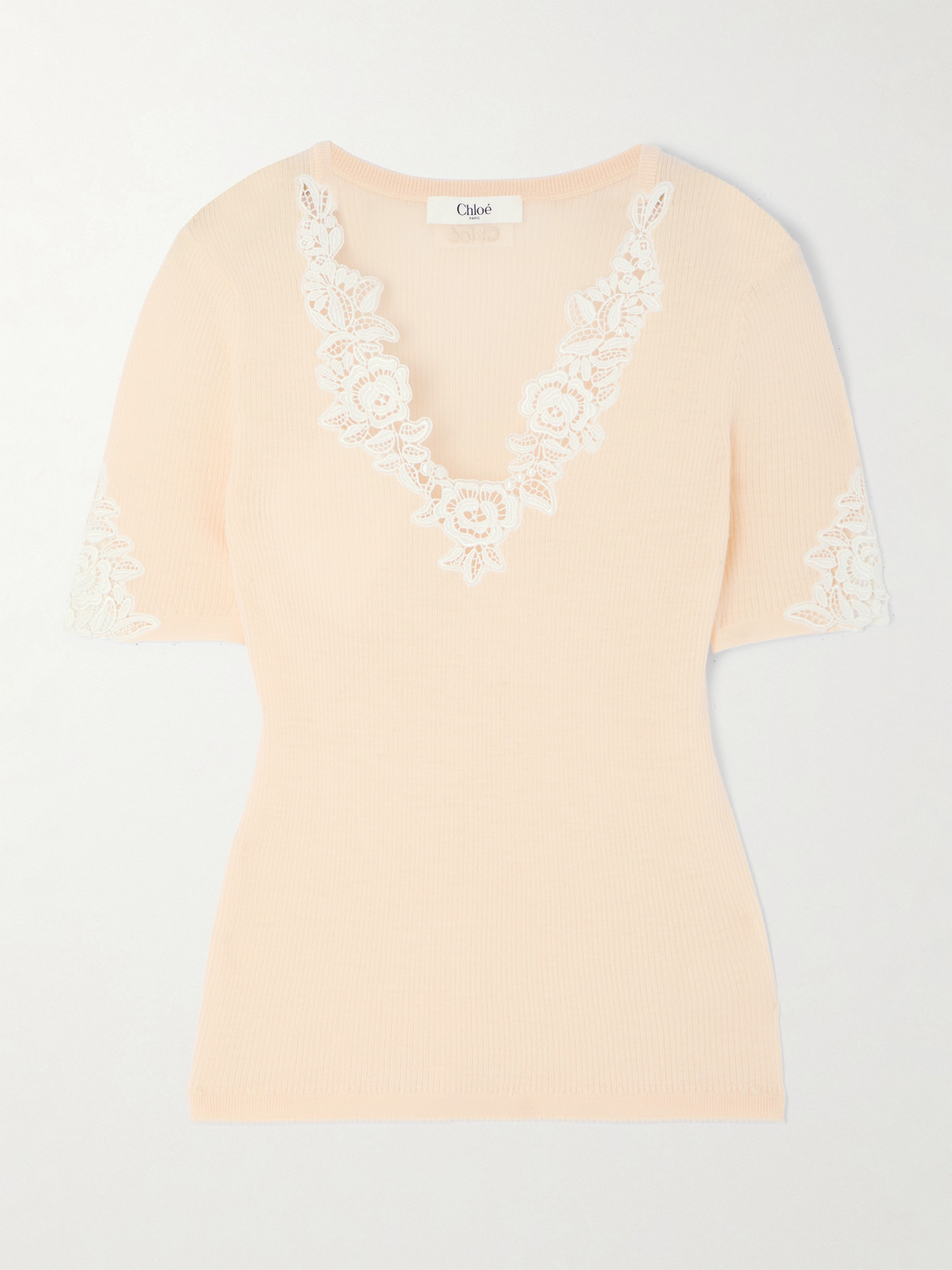 Chloé Lace-trimmed Ribbed Wool Top In Neutrals