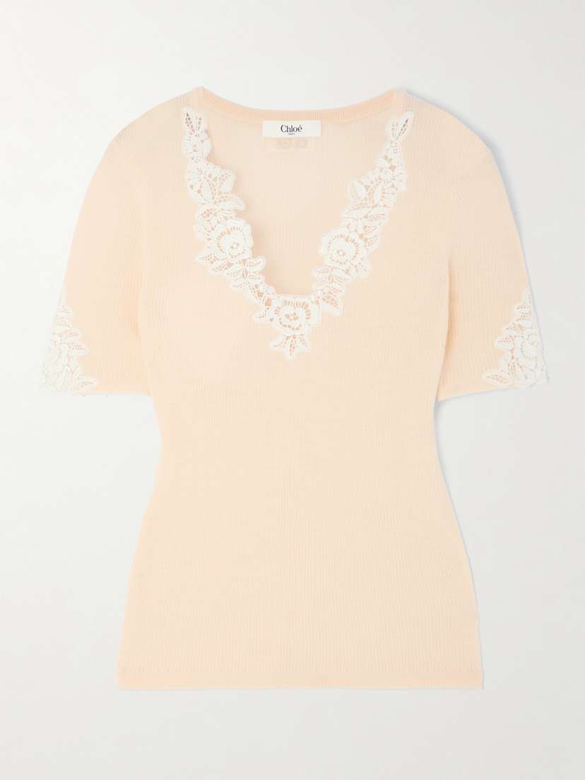 Chloé Lace-trimmed Ribbed Wool Top