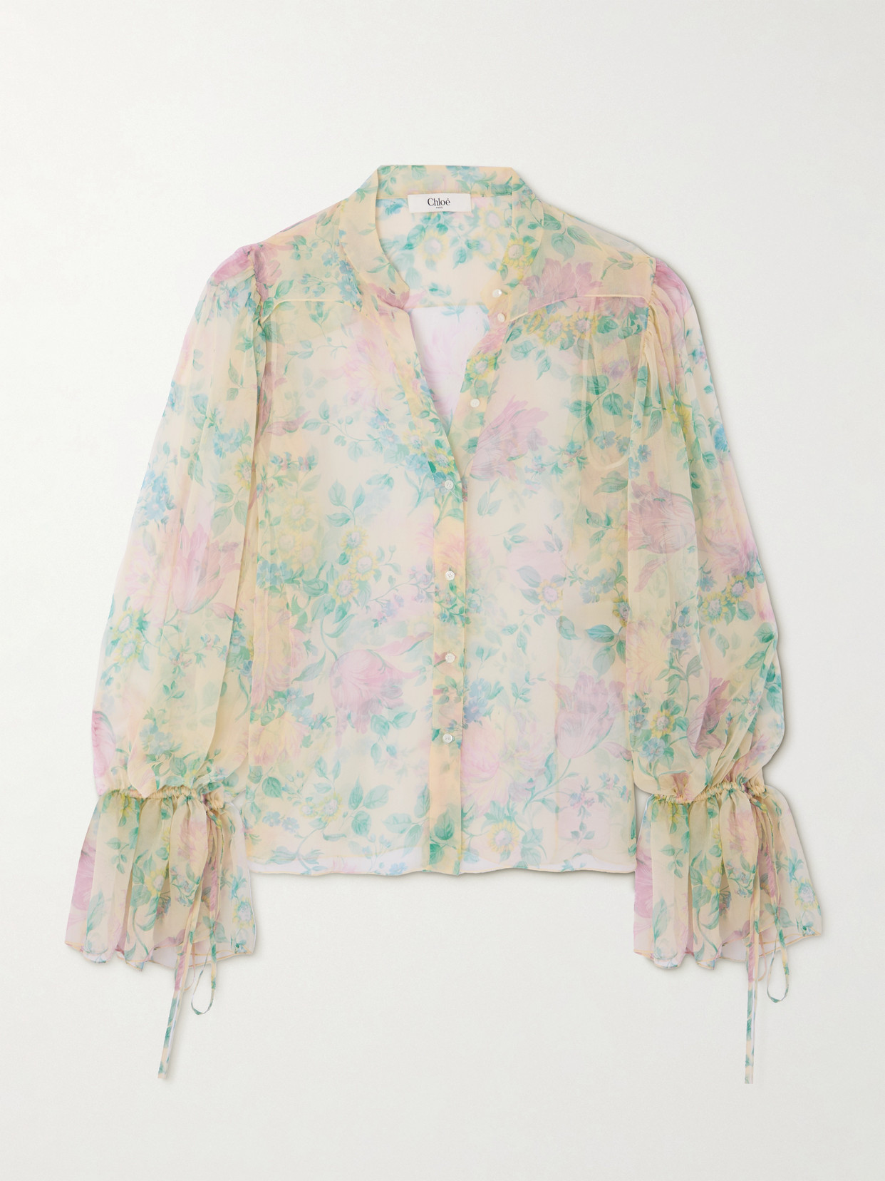 Shop Chloé Ruffled Floral-print Silk-chiffon Shirt In Neutrals