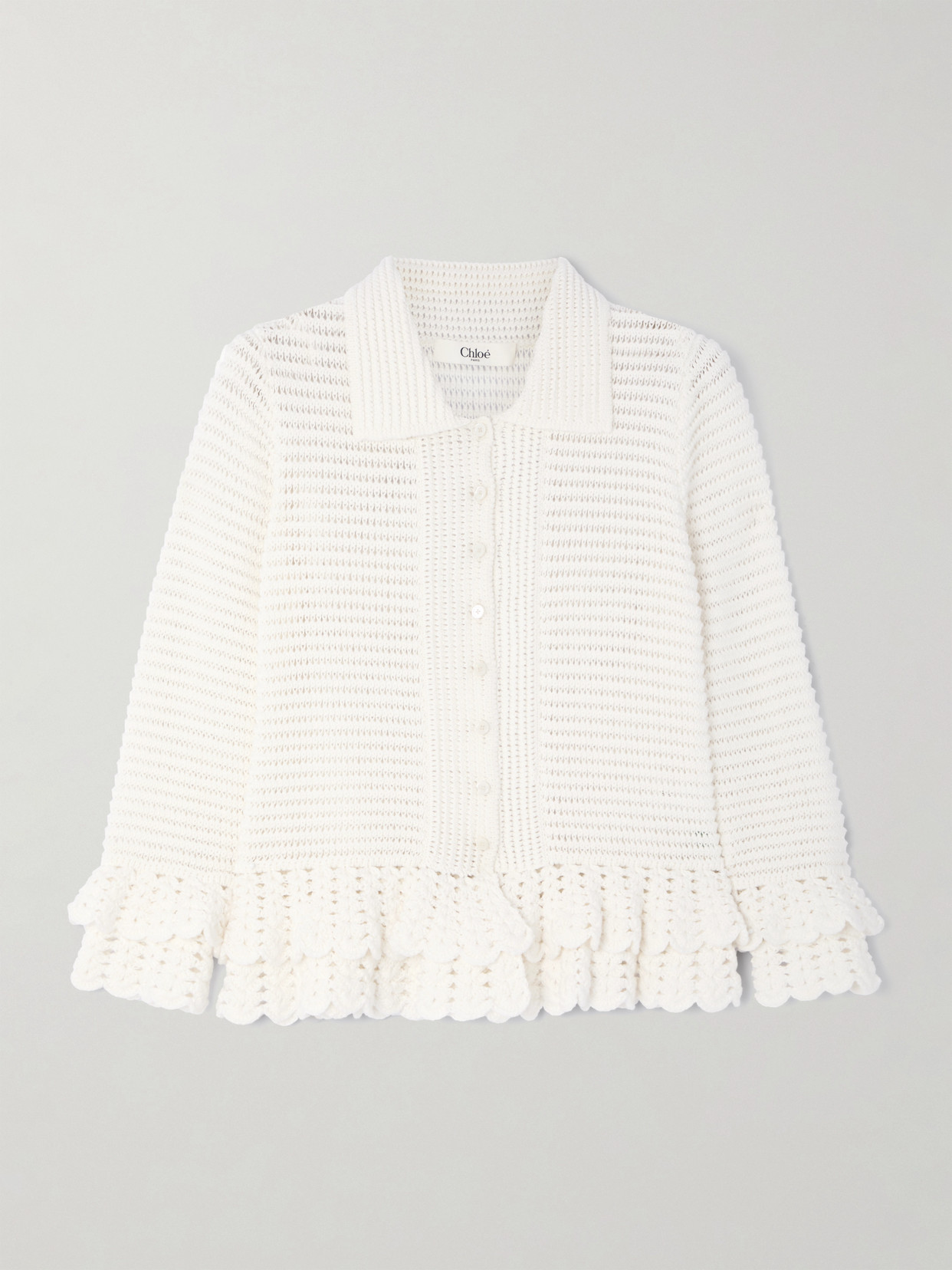 Chloé Ruffled Crocheted Cotton Cardigan In White