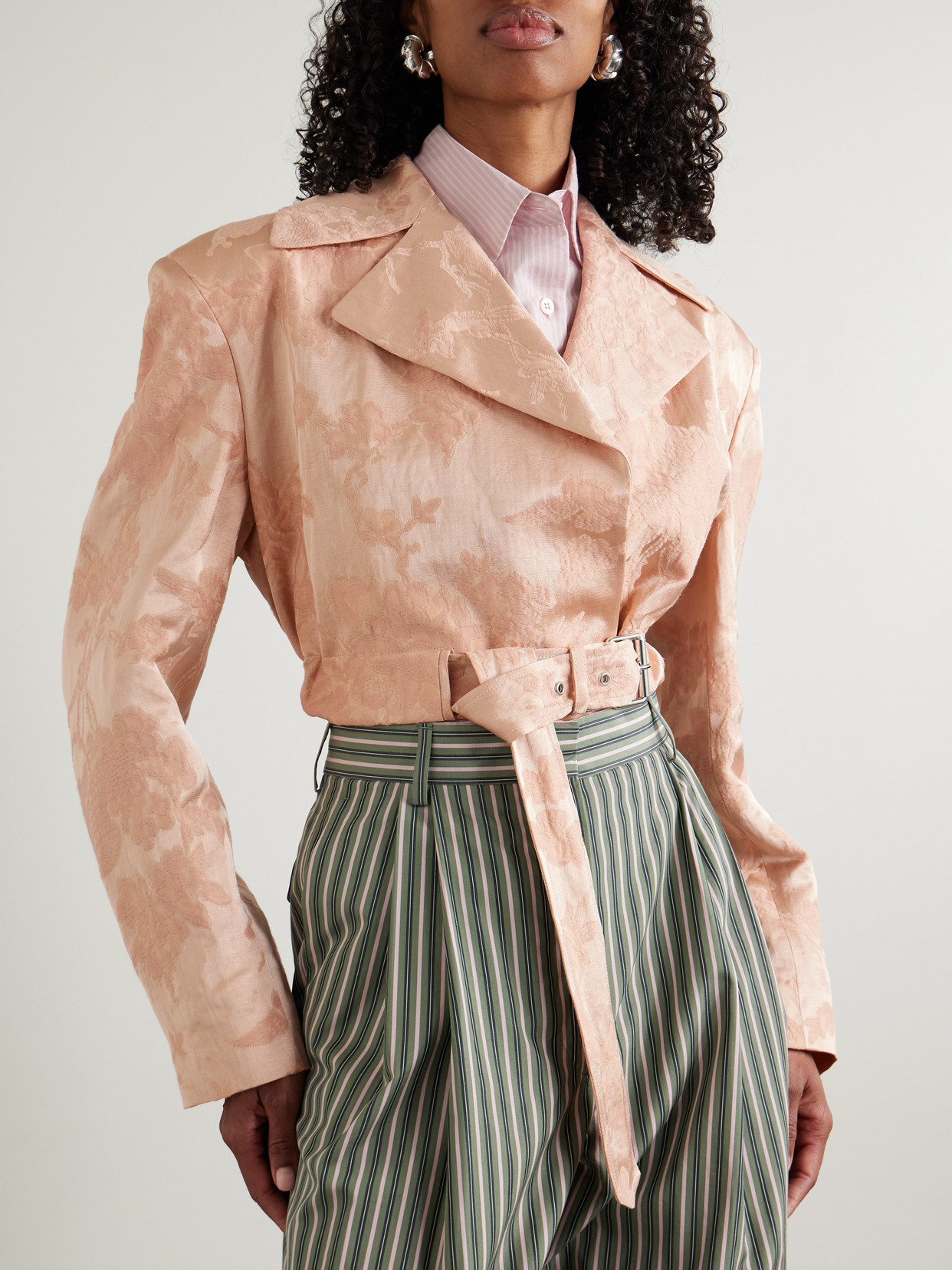 Belted Cropped Floral-Jacquard Linen-Blend Jacket