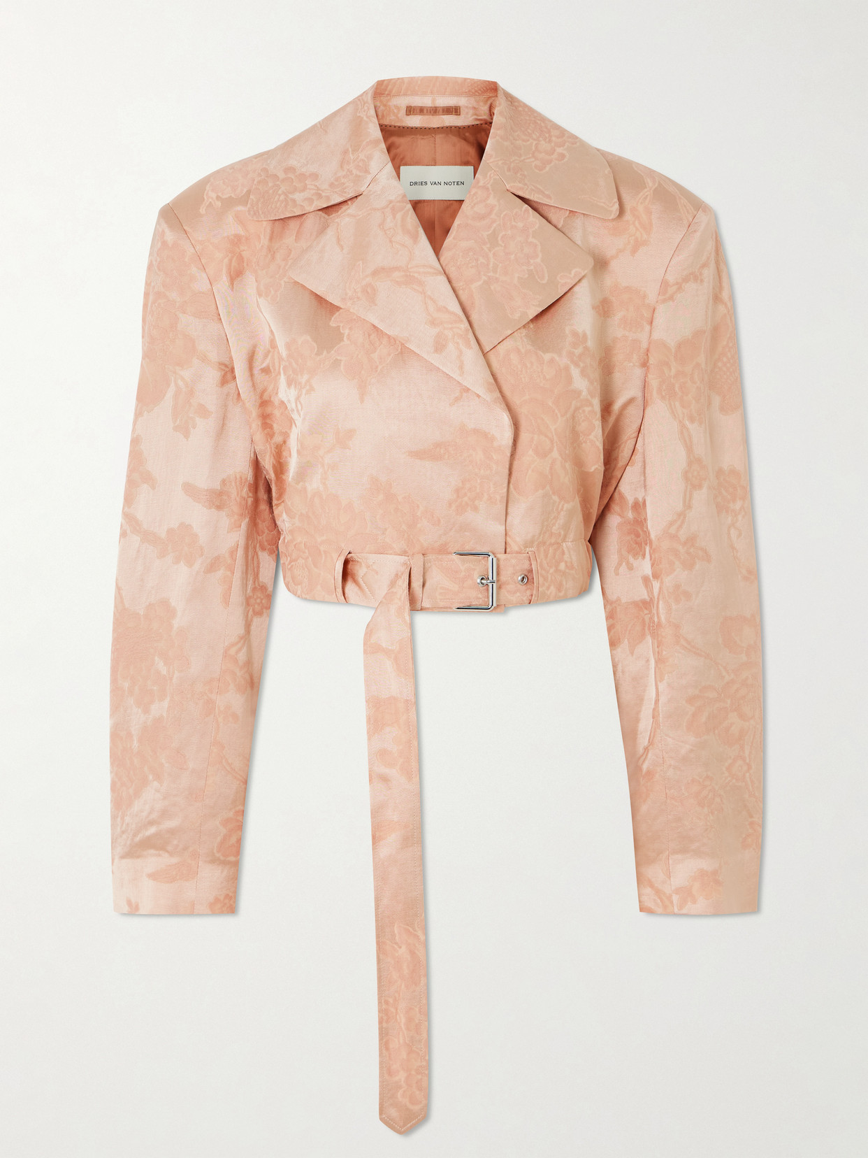 Dries Van Noten Belted Cropped Floral-jacquard Linen-blend Jacket In Pink