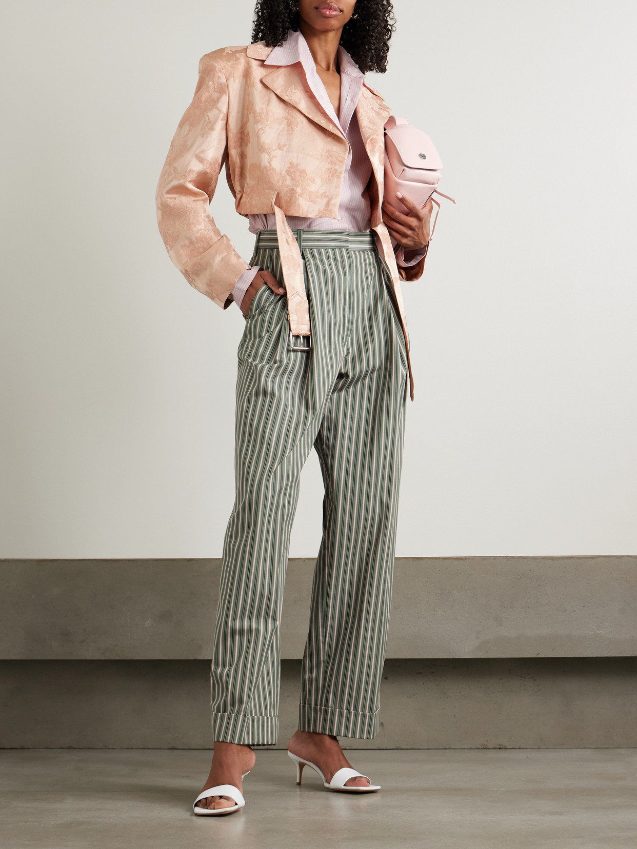 Belted Cropped Floral-Jacquard Linen-Blend Jacket