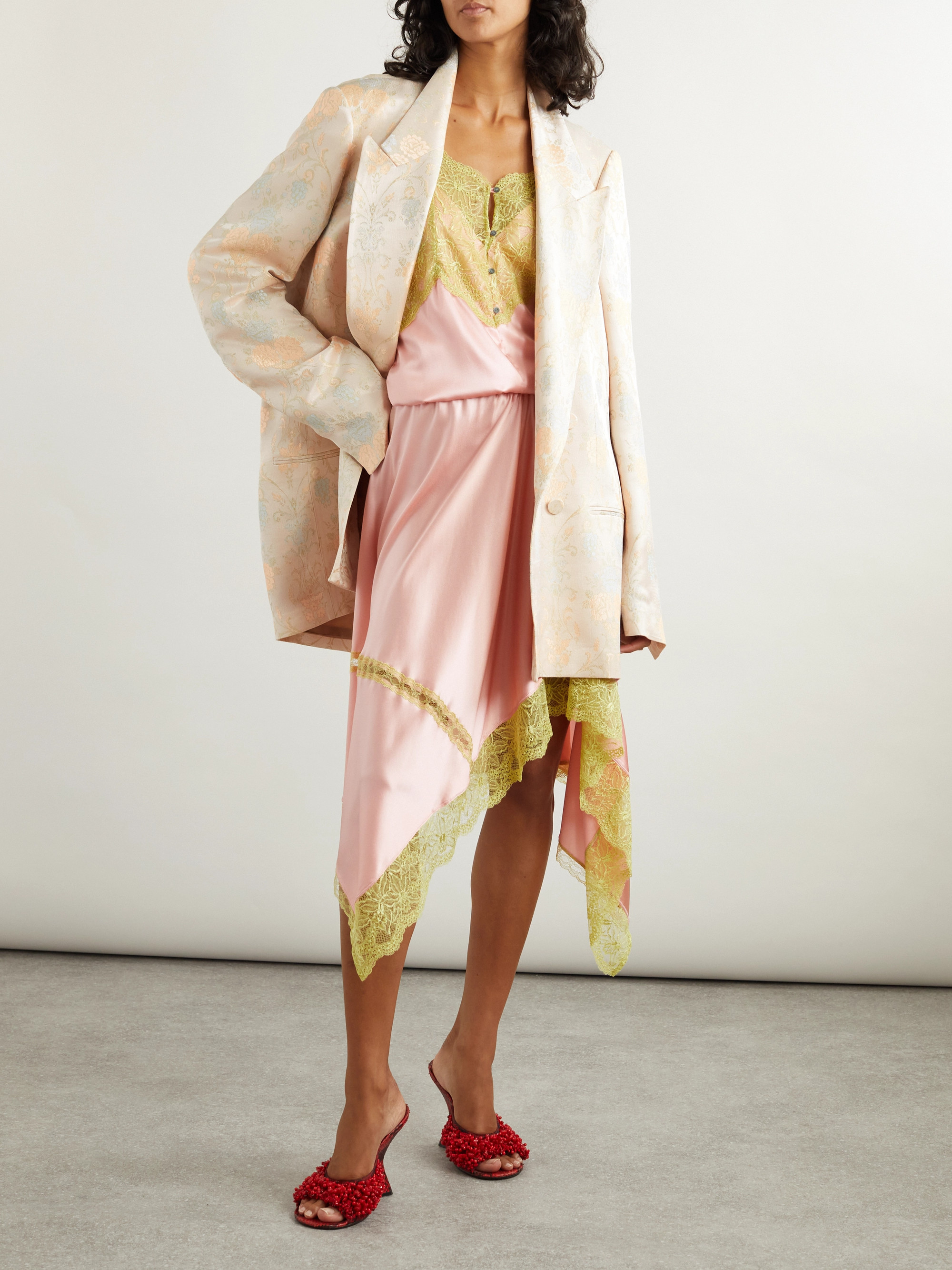 Dries Van Noten Asymmetric lace-trimmed silk-blend satin skirt