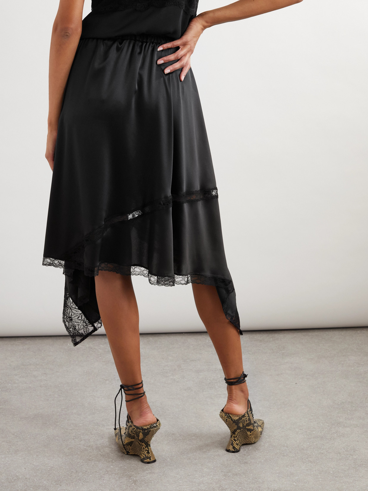 Shop Dries Van Noten Asymmetric Lace-trimmed Silk-blend Satin Midi Skirt In Black
