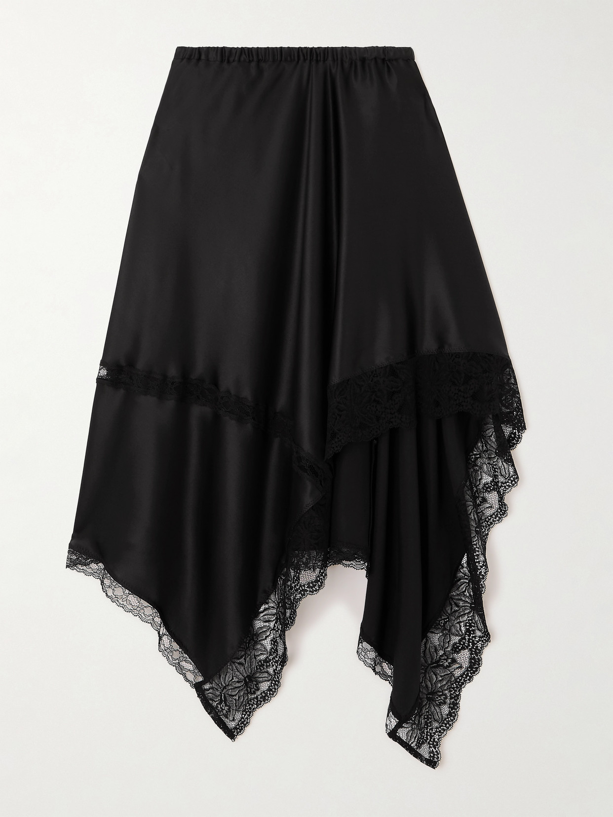 Shop Dries Van Noten Asymmetric Lace-trimmed Silk-blend Satin Midi Skirt In Black