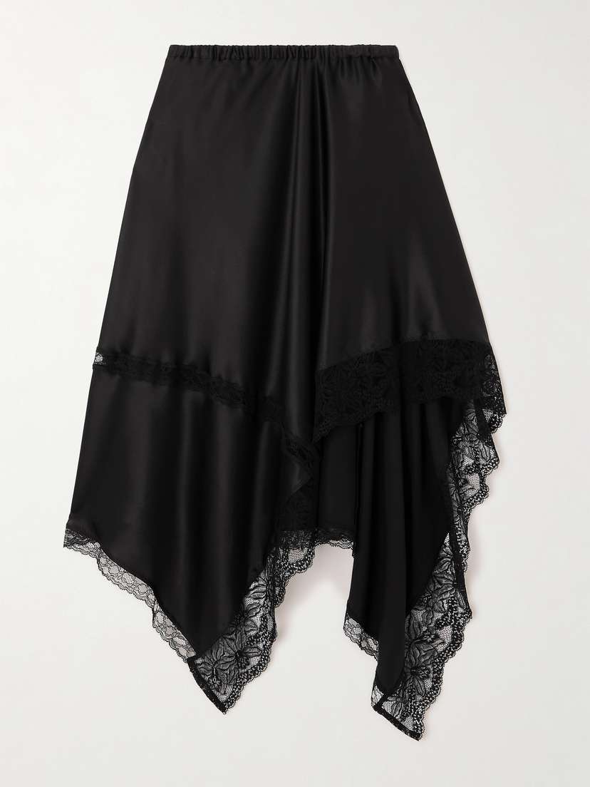 Dries Van Noten Asymmetric Lace-trimmed Silk-blend Satin Midi Skirt