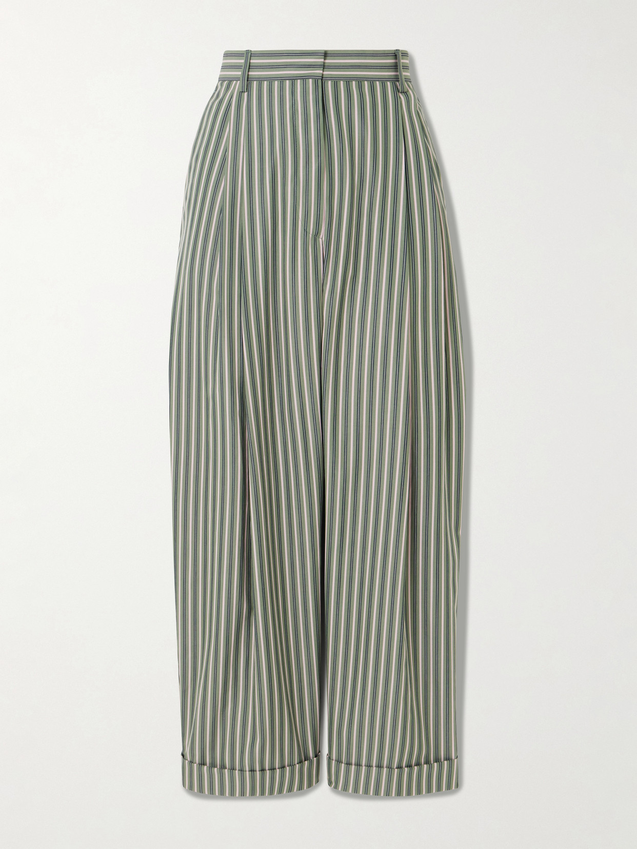 Dries Van Noten Pleated Striped Cotton-poplin High-rise Straight-leg Pants In Green